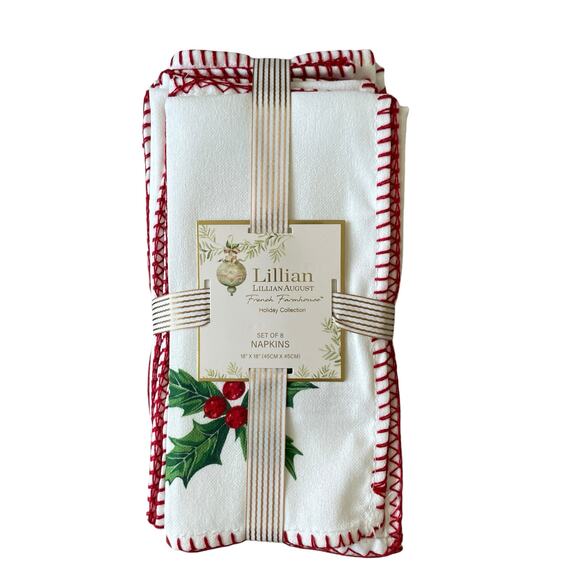 Lillian August Holly Berry Christmas Dinner Napkins Set of 8 Embroidered 18x18 - Picture 1 of 10